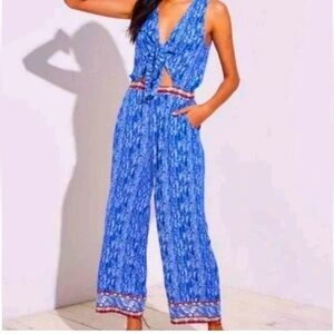 NWT Loft Beach Blue Ikat Jumpsuit Keyhole Tie Front L